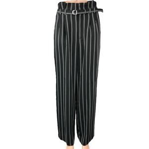 Express Women's Black Striped Wide Leg High Rise Belted Paperbag Trouser Pants 8